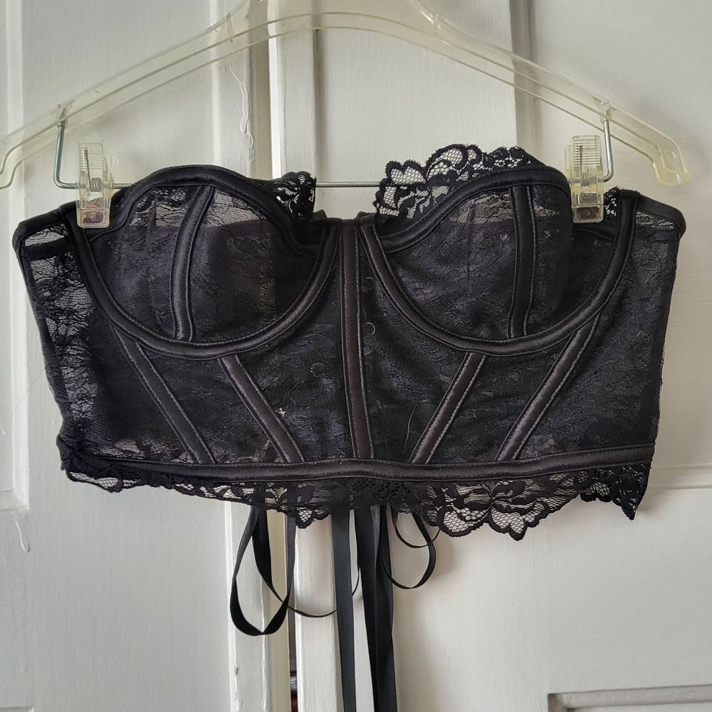 Black Lace Strapless Bustier Sheer Corset Lace Up Boned Top